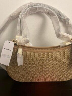 COACH CR350 Teri Shoulder Bag Crossbody Straw Leather Latte Outlet
